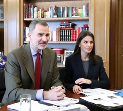 Don Felipe y Doña Letizia en un momento de su videoconferencia con el presidente de CEHAT y ASHOTEL
